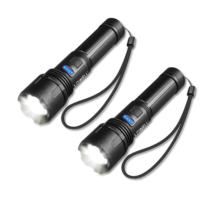 LQWELL® Taschenlampe LED USB C Aufladbar, Extrem Helle Zoombares Taktische Taschenlampen mit 5 Lichtmodi, Einstellbare Helligkeit, Wasserdichte Flashlight für Camping, Wandern, Outdoor, 2 Stück