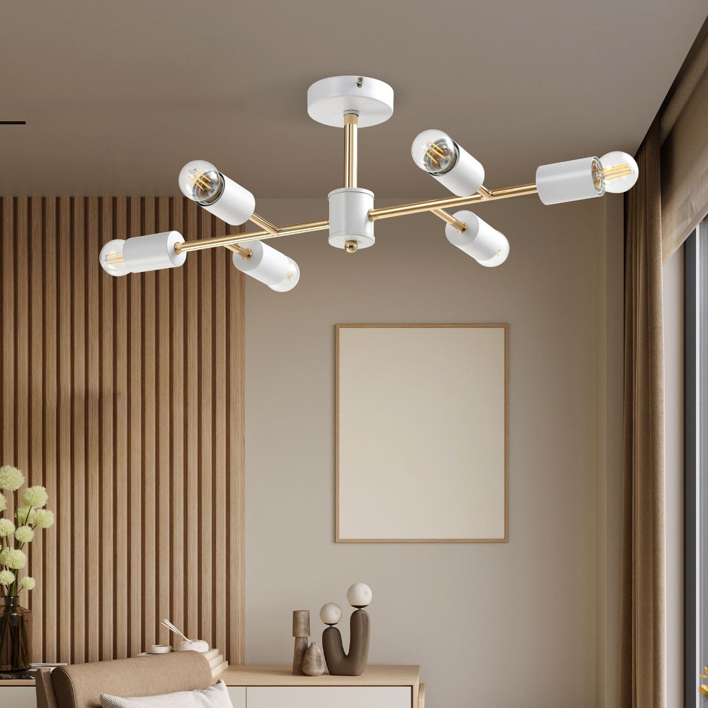 LQWELL® Chandelier Industrial Ceiling Light, Modern Chandelier E14 Kitchen Lamp Bedroom Lamp for Living Room Bedroom Kitchen, 6-Light, Gold White, No Bulb