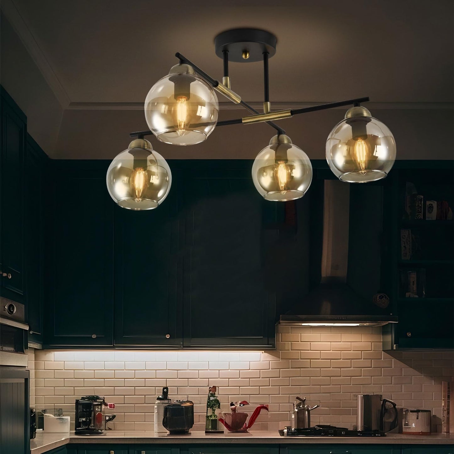 LQWELL® Chandelier Industrial Ceiling Light, Modern Globe Glass Lampshade Chandelier E14 Kitchen Lamp Bedroom Lamp for Living Room Bedroom Kitchen, 4-Light, No Bulb