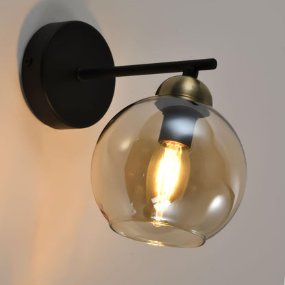 LQWELL® E14 Wall Light Spherical Glass Lampshade, Retro Indoor Wall Lamp 1-Bulb Wall Lighting Wall Spotlight for Bedroom Living Room Hotel Staircase, Matte Black Antique Green Cognac-Colored Glass Cover