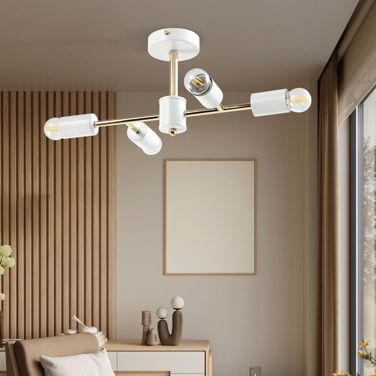 LQWELL® Chandelier Industrial Ceiling Light, Modern Chandelier E14 Kitchen Lamp Bedroom Lamp for Living Room Bedroom Kitchen, 4-Light, Gold White, No Bulb