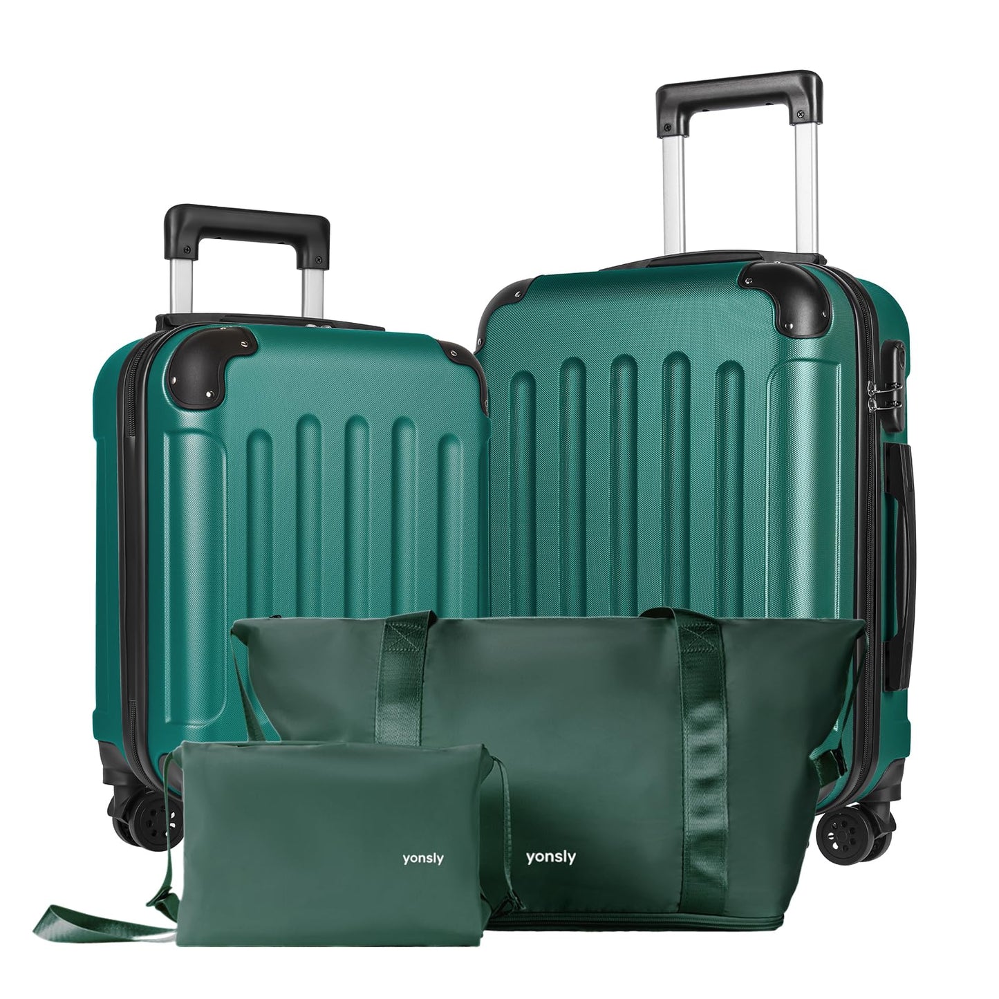 YONSLY® 4-Piece Luggage Set, Trolley Suitcase Set with 1 Travel Bag, 1 Toiletry Bag, Carry-On Rolling Suitcase with 4 Wheels, Hard-Shell, Size M with Combination Lock, Rubber Handle (S, M)