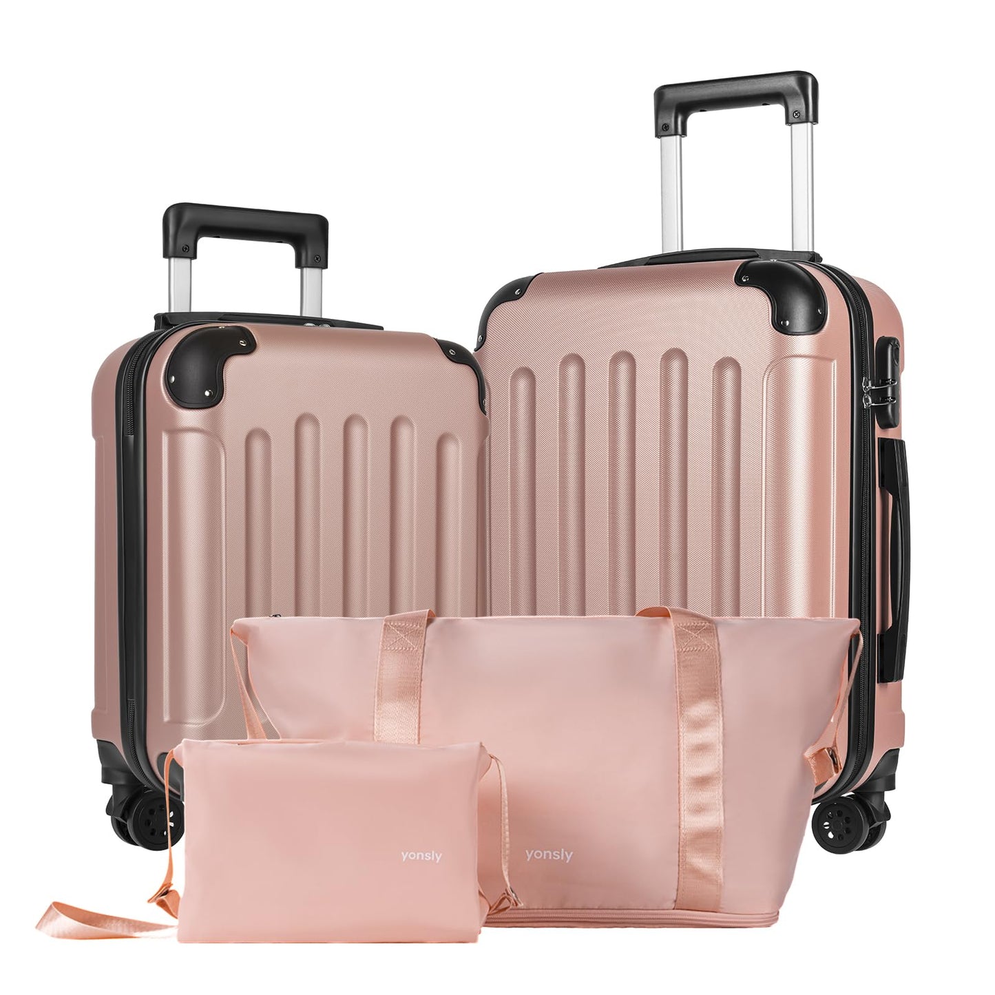 YONSLY® 4-Piece Luggage Set, Trolley Suitcase Set with 1 Travel Bag, 1 Toiletry Bag, Carry-On Rolling Suitcase with 4 Wheels, Hard-Shell, Size M with Combination Lock, Rubber Handle (S, M)