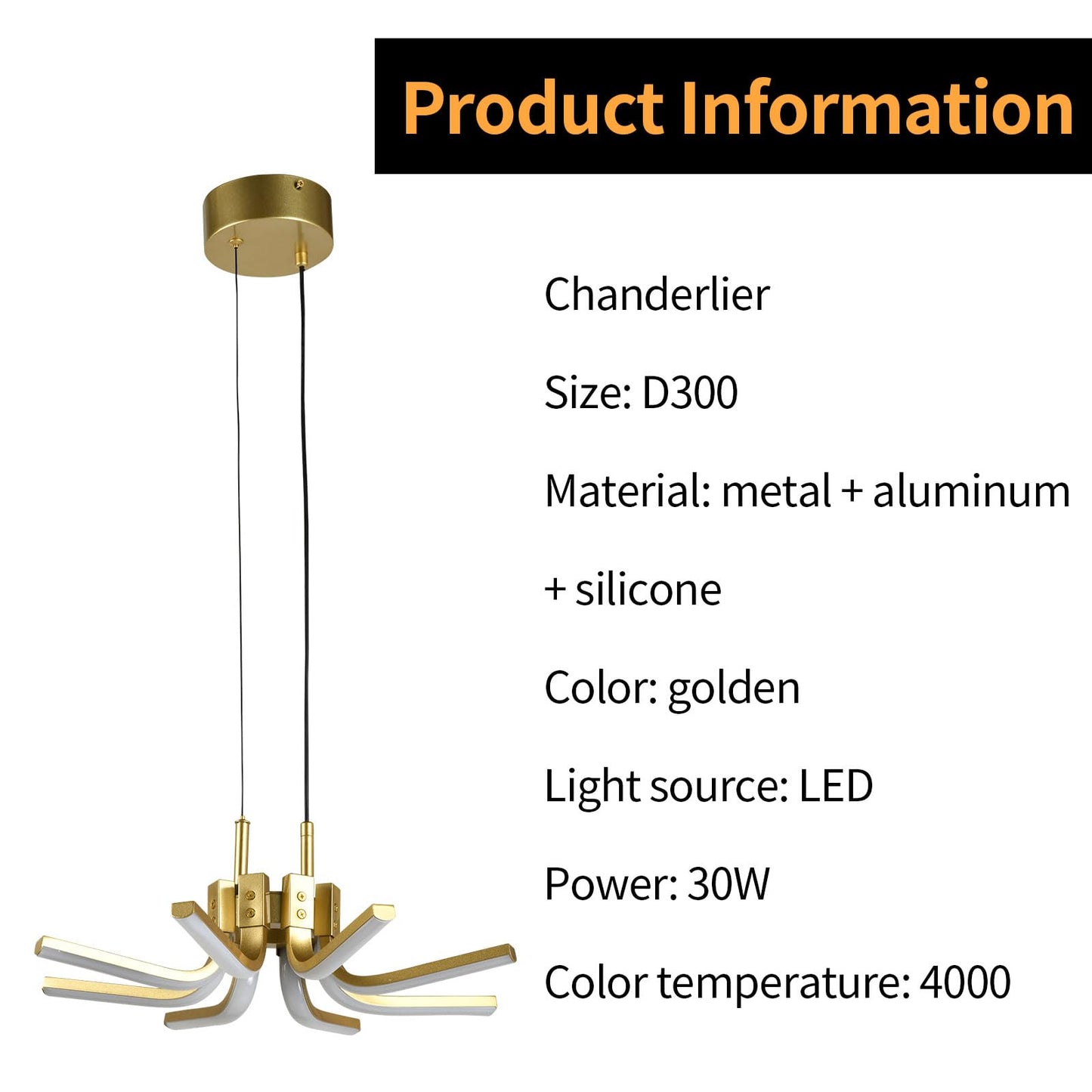 LQWELL® Chandelier LED 30W, Industrial Chandelier, Modern Pendant Light Hanging Lamp for Living Room Bedroom Dining Room Hallway Cafes Bar Studio, Metal Ceiling Lamp, Gold