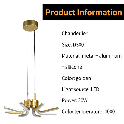 LQWELL® Chandelier LED 30W, Industrial Chandelier, Modern Pendant Light Hanging Lamp for Living Room Bedroom Dining Room Hallway Cafes Bar Studio, Metal Ceiling Lamp, Gold