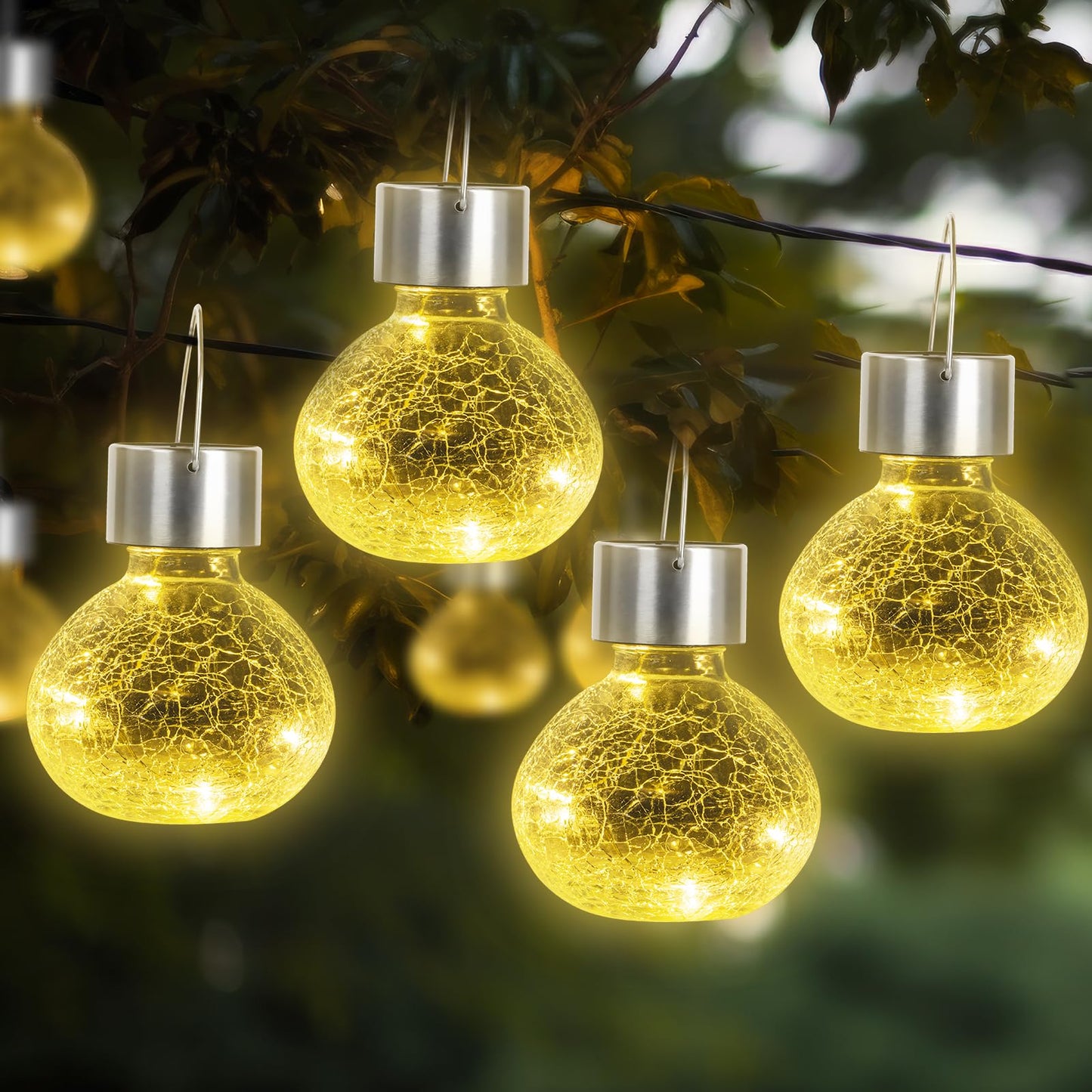 LQWELL® Solar Hanging Lights for Outdoors, 4 PCS Solar Outdoor Lights, Crackle Glass Ball Lantern Light, Waterproof, Warm White, Cracked, Hang or Stand for Party, Garden, Fence, Tree, Photo Decor