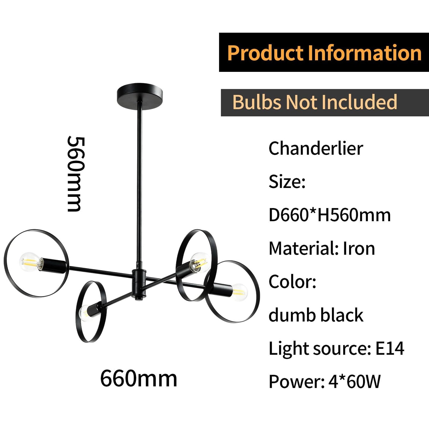LQWELL® Chandelier 4-Light E14, Industrial Chandelier, Modern Pendant Light for Living Room Bedroom Dining Room Hallway Cafes Bar Studio, Metal Ceiling Lamp, Matte Black
