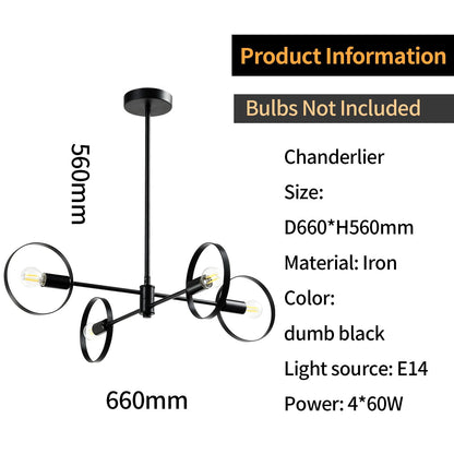 LQWELL® Chandelier 4-Light E14, Industrial Chandelier, Modern Pendant Light for Living Room Bedroom Dining Room Hallway Cafes Bar Studio, Metal Ceiling Lamp, Matte Black
