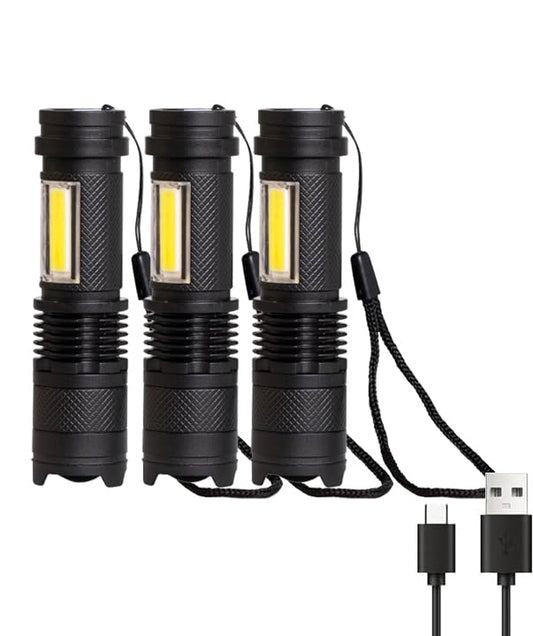 LQWELL® Mini LED Taschenlampe USB C Aufladbar, Zoombar und Tragbar mit 3 Lichtmodi, Kleine Hand Flashlight für Camping, Wandern, Notfälle, Laufen, Radfahren und Nachtlesen, erhältlich als 2/3/4 Stück Set