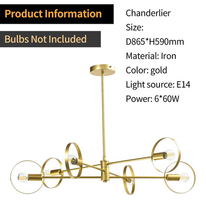 LQWELL® Chandelier 6-Light E14, Industrial Chandelier, Modern Pendant Light for Living Room Bedroom Dining Room Hallway Cafes Bar Studio, Metal Ceiling Lamp, Gold