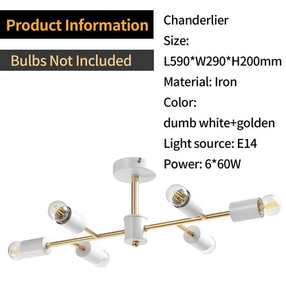 LQWELL® Chandelier Industrial Ceiling Light, Modern Chandelier E14 Kitchen Lamp Bedroom Lamp for Living Room Bedroom Kitchen, 6-Light, Gold White, No Bulb