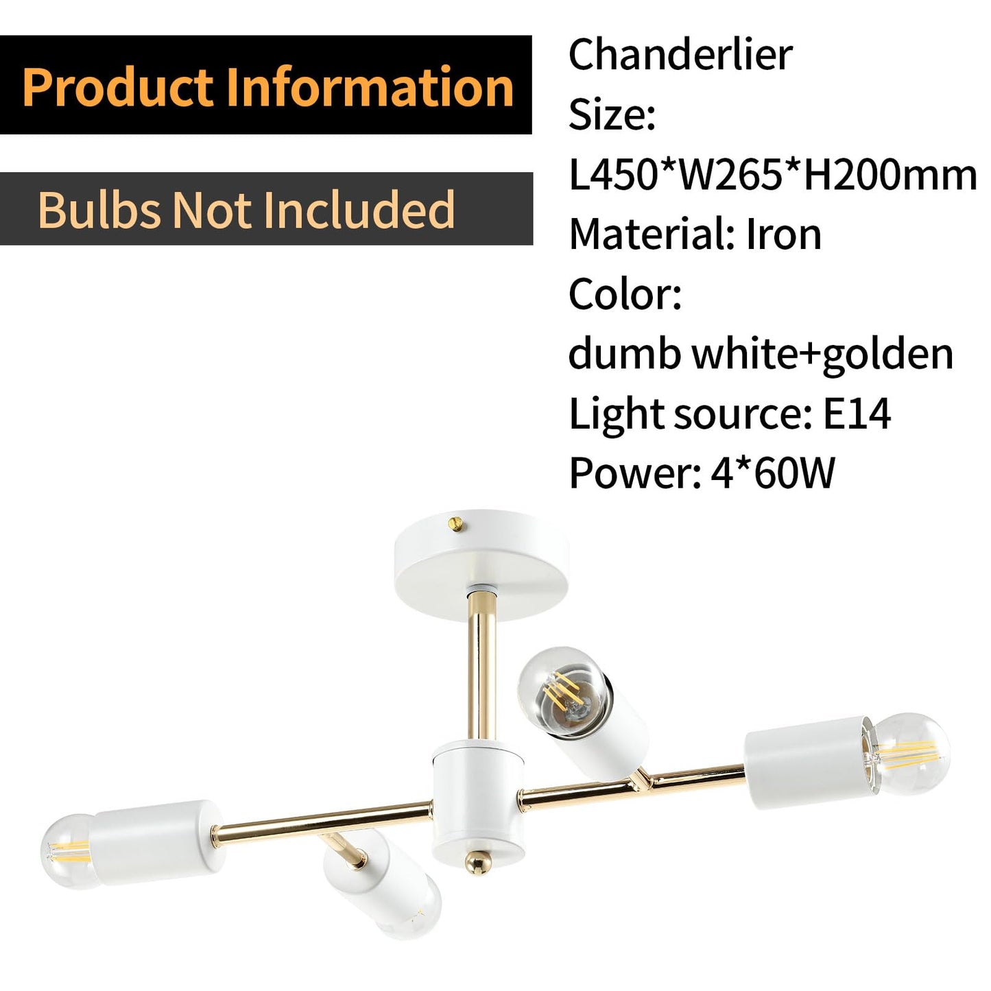 LQWELL® Chandelier Industrial Ceiling Light, Modern Chandelier E14 Kitchen Lamp Bedroom Lamp for Living Room Bedroom Kitchen, 4-Light, Gold White, No Bulb