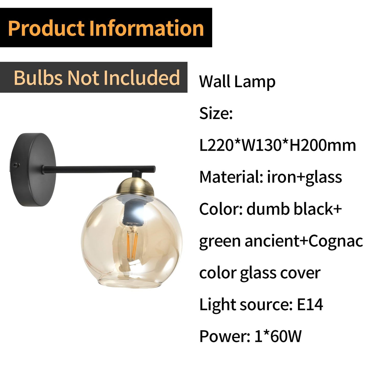 LQWELL® E14 Wall Light Spherical Glass Lampshade, Retro Indoor Wall Lamp 1-Bulb Wall Lighting Wall Spotlight for Bedroom Living Room Hotel Staircase, Matte Black Antique Green Cognac-Colored Glass Cover