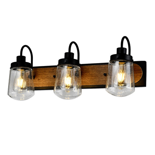 LQWELL® Wall Light E27, Indoor Wall Lamp 3-Bulb Retro Iron Wood Wall Lighting Wall Spotlight for Bedroom Living Room Studio Hotel Staircase, Matte Black, Bulb Not Included