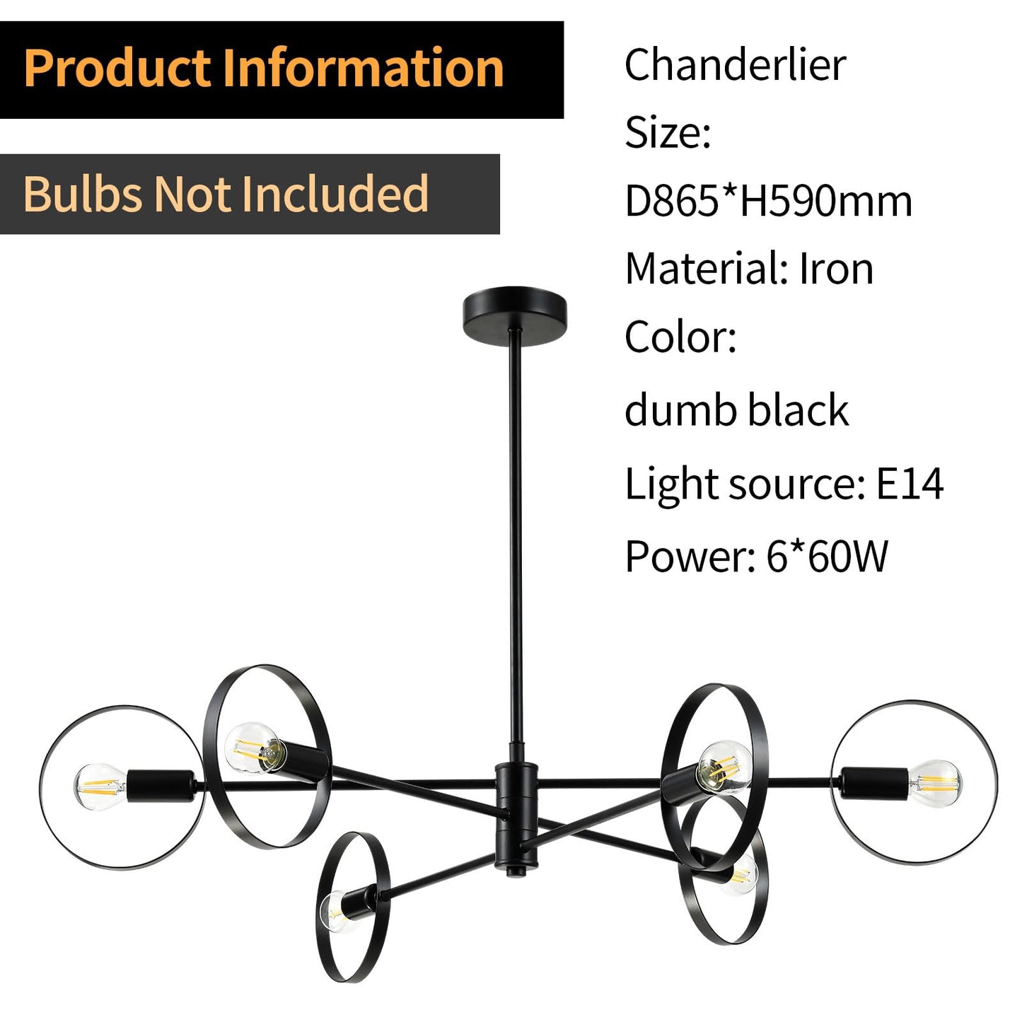LQWELL® 6-Light E14 Chandelier, Industrial Chandelier, Modern Pendant Light Hanging Lamp for Living Room Bedroom Dining Room Hallway Cafes Bar Studio, Metal Ceiling Lamp, Matt Black