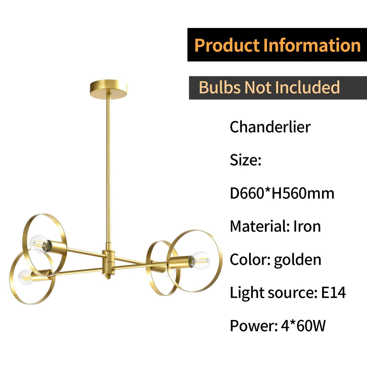 LQWELL® Chandelier 4-Light E14, Industrial Chandelier, Modern Pendant Light for Living Room Bedroom Dining Room Hallway Cafes Bar Studio, Metal Ceiling Lamp, Gold