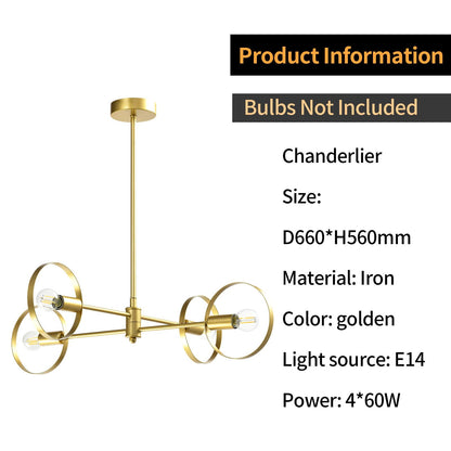 LQWELL® Chandelier 4-Light E14, Industrial Chandelier, Modern Pendant Light for Living Room Bedroom Dining Room Hallway Cafes Bar Studio, Metal Ceiling Lamp, Gold