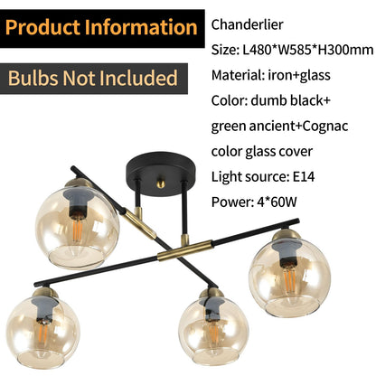 LQWELL® Chandelier Industrial Ceiling Light, Modern Globe Glass Lampshade Chandelier E14 Kitchen Lamp Bedroom Lamp for Living Room Bedroom Kitchen, 4-Light, No Bulb
