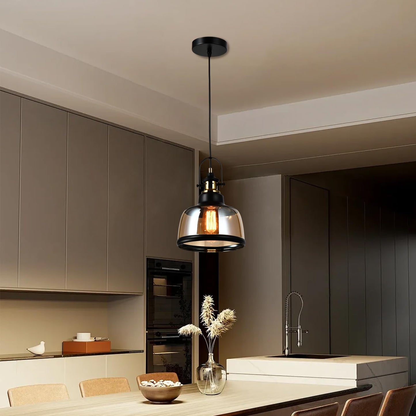 LQWELL® Modern Pendant Light E27, Minimalist Industrial Pendant Lamp Vintage Hanging Lamp for Kitchen Living Room Bedroom Dining Room Cafes, Glass Shade Chandelier Ceiling Lamp, Copper