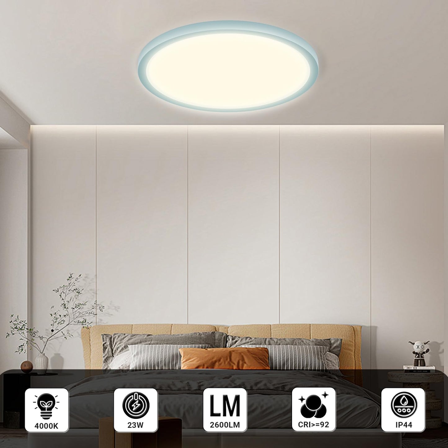 LQWELL® Ceiling Light LED Ceiling Lamp, IP44 Waterproof Bathroom Lamp Round Flat 23W 4000K 2400LM Modern Simple Lamp Thin for Living Room Bathroom Bedroom Kitchen Balcony Basement Office, 300 * 25mm