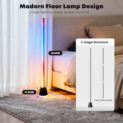 LQWELL® RGBIC LED Floor Lamp Dimmable, 150cm Corner Lamp with Remote Control and APP, 16 Million Colors Smart Standing Lamp with DIY and Music Mode, Timing Function for Living Room, Bedroom, Party