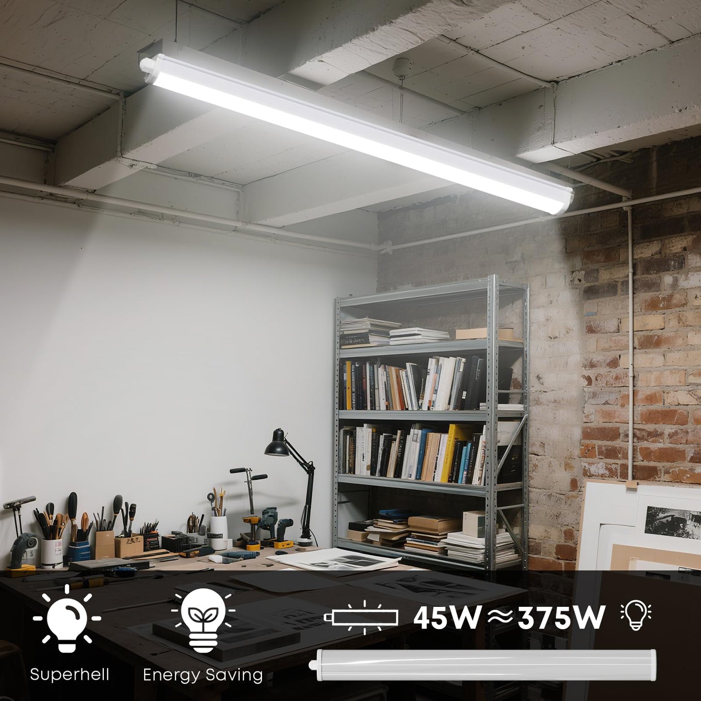 LQWELL® LED Moisture-Proof Light, LED Tube 150x6.8x5cm IP65 Waterproof, 45W 5050LM 6500K Cool White, Ceiling Light Fixture for Basements, Wet Rooms, Garages, and Workshops