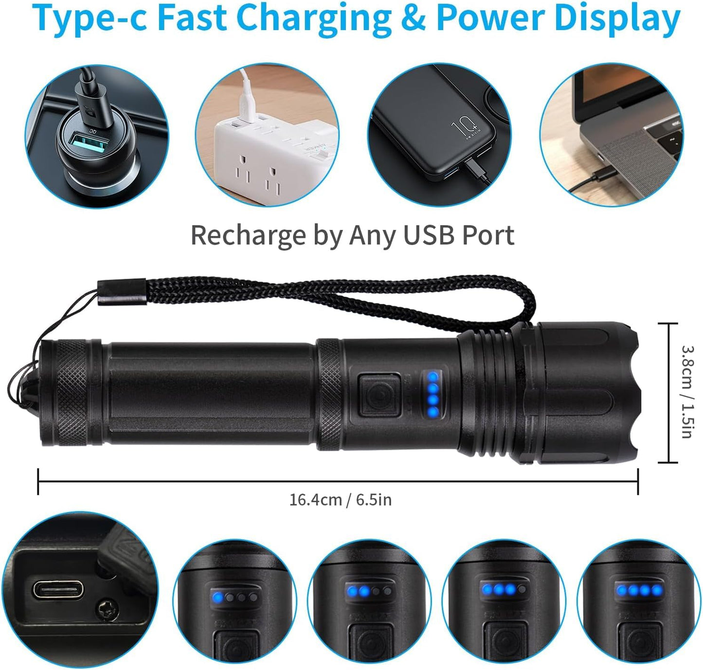 LQWELL® Taschenlampe LED USB C Aufladbar, Extrem Helle Zoombares Taktische Taschenlampen mit 5 Lichtmodi, Einstellbare Helligkeit, Wasserdichte Flashlight für Camping, Wandern, Outdoor, 2 Stück