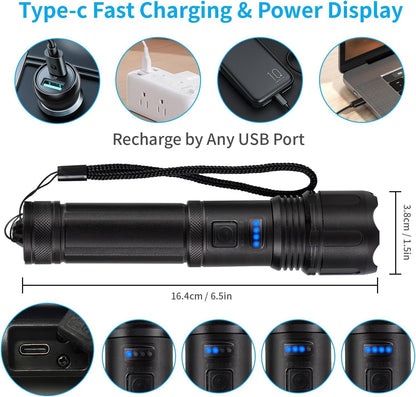 LQWELL® Taschenlampe LED USB C Aufladbar, Extrem Helle Zoombares Taktische Taschenlampen mit 5 Lichtmodi, Einstellbare Helligkeit, Wasserdichte Flashlight für Camping, Wandern, Outdoor, 2 Stück