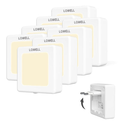 LQWELL® Foldable Outlet Night Light with Dusk Sensor, Night Lamp Adjustable Brightness, Automatic Outlet Light, Warm White Orientation Light for Kids' Room, Hallway, Stairs, White, 4/8 PCS