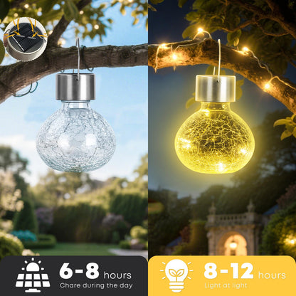 LQWELL® Solar Hanging Lights for Outdoors, 4 PCS Solar Outdoor Lights, Crackle Glass Ball Lantern Light, Waterproof, Warm White, Cracked, Hang or Stand for Party, Garden, Fence, Tree, Photo Decor