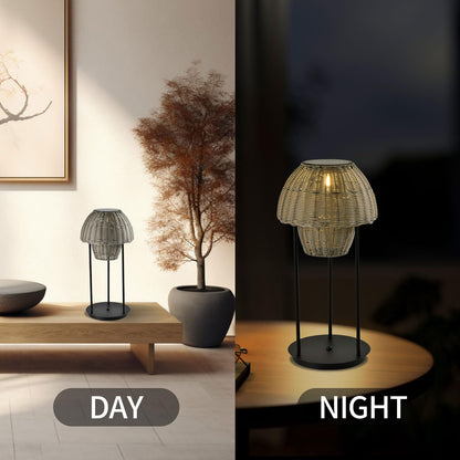 LQWELL® Solar Lantern for Outdoor Use, 2-in-1 Solar & USB Charging, Solar Table Lamp, Rattan Indoor Decorative Night Light with Charging Cable for Garden, Balcony, Camping, Bedroom