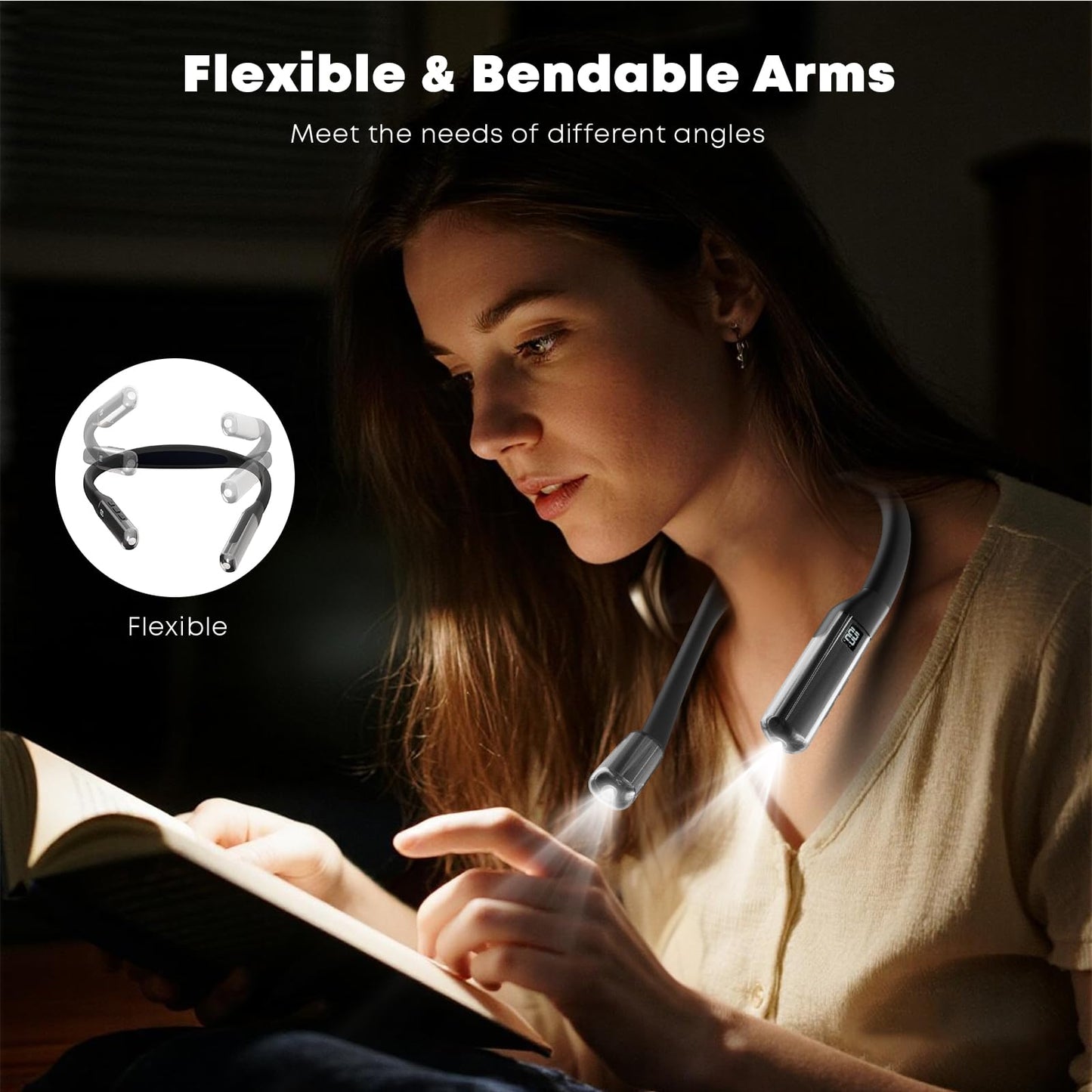LQWELL® Neck Reading Light, 3 Colors & 3 Brightness Levels Adjustable, LED Book Light with Bendable Arms, Portable Neck Lamp, Ergonomic, Rechargeable for Reading, Crocheting, Sewing, Repairing, Knitting