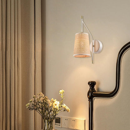 LQWELL® Retro Vintage Wandleuchte E14, Wandlampe Innen mit Stoffschirm, Schwarz/Beige Imitatgold, Beleuchtung für Schlafzimmer Wohnzimmer Hotel, Keine Glühbirne