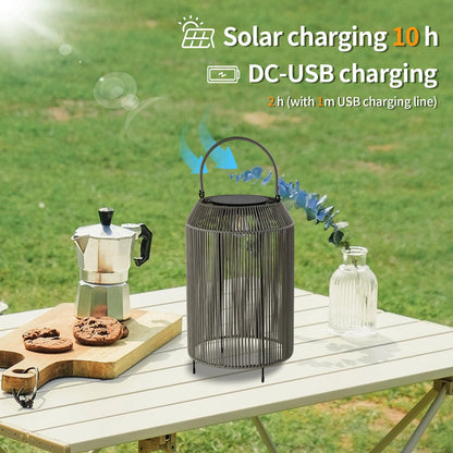 LQWELL® Outdoor Solar Lantern, 2-in-1 Solar & USB Charging, Solar Lamps Table Lamp, Rattan Indoor Decorative Night Light with Charging Cable for Garden, Balcony, Camping, Bedroom