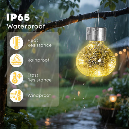 LQWELL® Solar Hanging Lights for Outdoors, 4 PCS Solar Outdoor Lights, Crackle Glass Ball Lantern Light, Waterproof, Warm White, Cracked, Hang or Stand for Party, Garden, Fence, Tree, Photo Decor