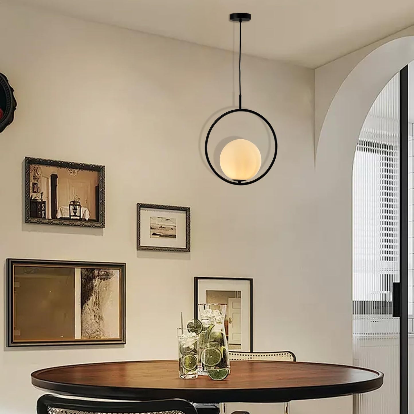 LQWELL® Globe Pendelleuchte Hängeleuchte G9, Modern Kugelglas Lampenschirm Pendellampe Hängelampe für Küche Wohnzimmer Schlafzimmer Esszimmer, Metall Mid Century Deckenlampe, Schwarz