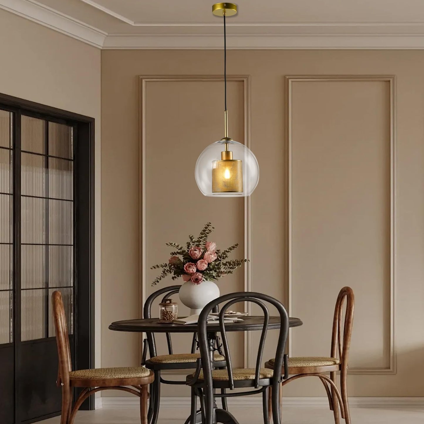 LQWELL® Globe Pendelleuchte E27 Hängeleuchte, Modern Mid Century Pendellampe Hängelampe Industrielle Kugelglas Lampenschirm für Küche Wohnzimmer Schlafzimmer Esszimmer, Metall Deckenlampe, Gold