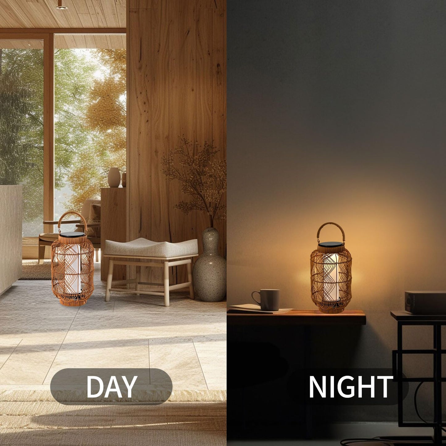 LQWELL® Solar Lantern for Outdoor, 2-in-1 Solar Charging & USB Charging Solar Lamps Table Lamp Rattan Indoor Decorative Night Light with Charging Cable for Garden, Balcony, Camping, Bedroom