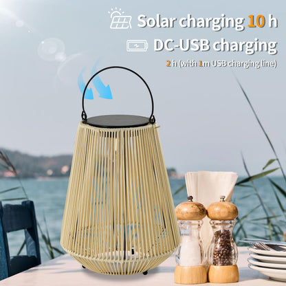 LQWELL® Solar Lantern for Outdoor, 2-in-1 Solar & USB Charging, Solar Lamps Table Lamp, Rattan Indoor Decorative Night Light with Charging Cable for Garden, Balcony, Camping, Bedroom