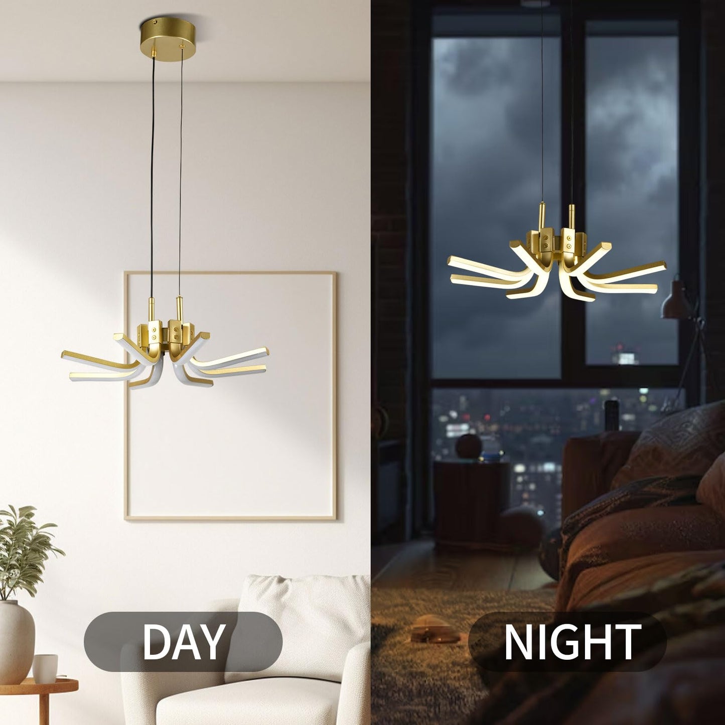 LQWELL® Chandelier LED 30W, Industrial Chandelier, Modern Pendant Light Hanging Lamp for Living Room Bedroom Dining Room Hallway Cafes Bar Studio, Metal Ceiling Lamp, Gold