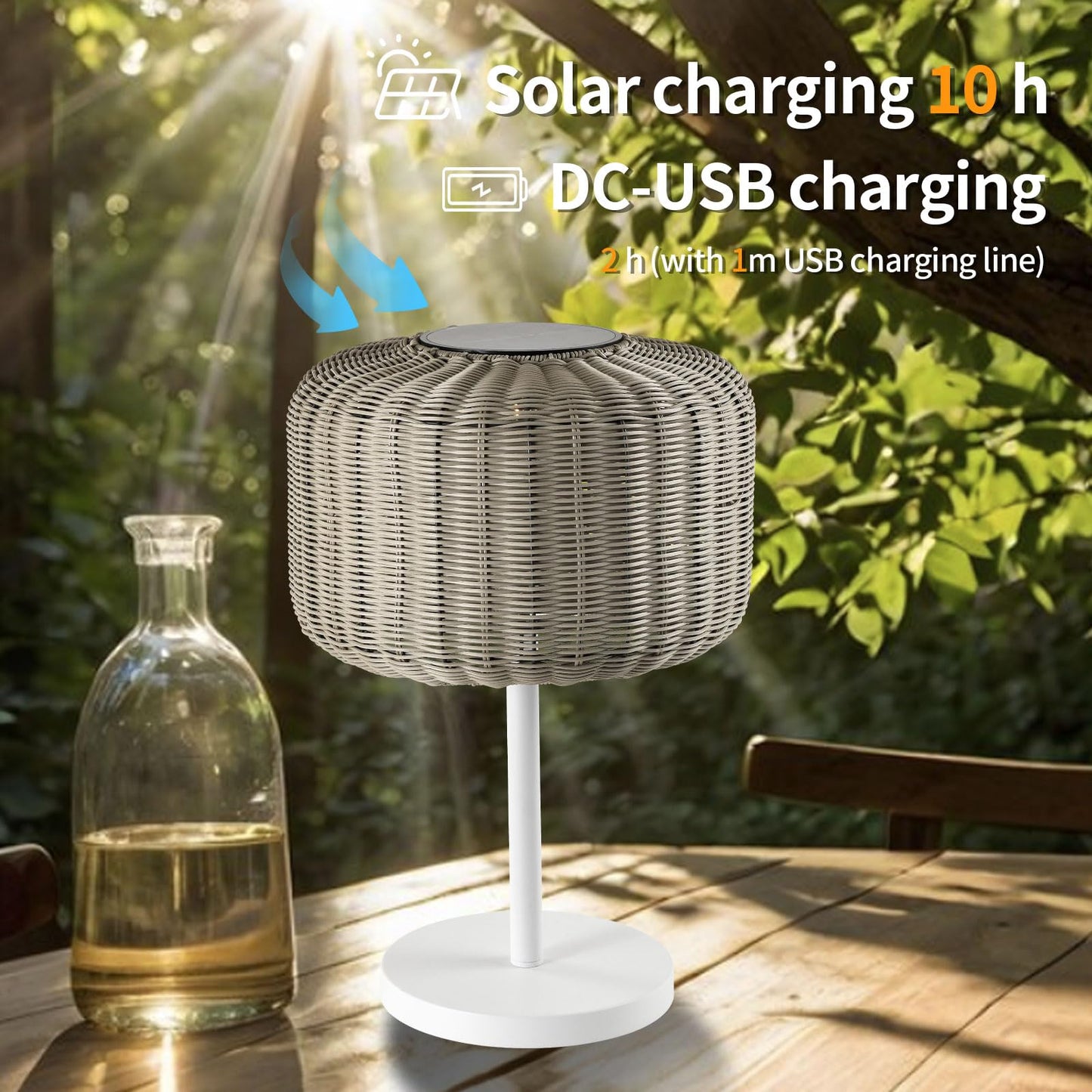 LQWELL® Solar Lantern for Outdoors, 2-in-1 Solar Charging & USB Charging Solar Lamps Table Lamp Rattan Indoor Decorative Night Light with Charging Cable for Garden, Balcony, Camping Bedroom