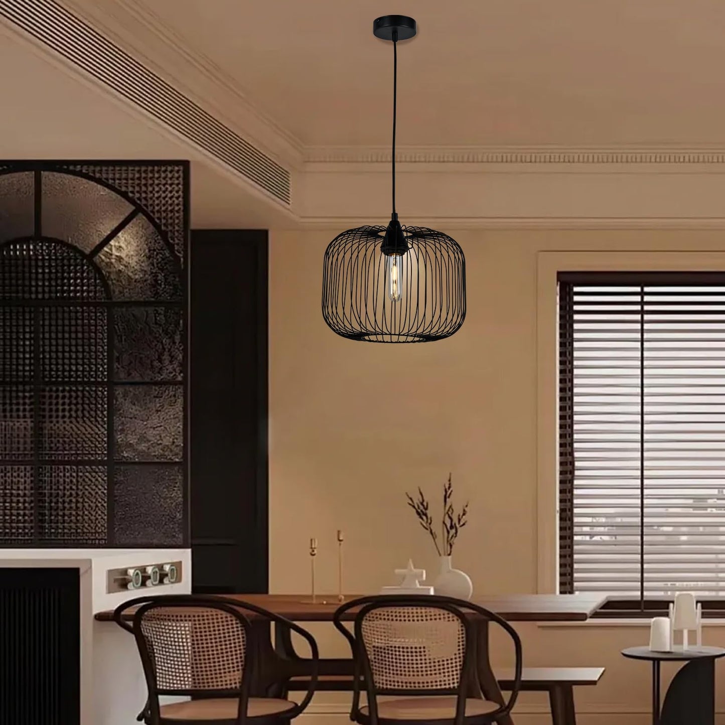 LQWELL® Pendelleuchte E27 Hängeleuchte, Retro Vintage Pendellampe Hängelampe Laternenform Vogelkäfigform Modern Industrielle Deckenlampe für Küche Wohnzimmer 1,5 M höhenverstellbar, Schwarz