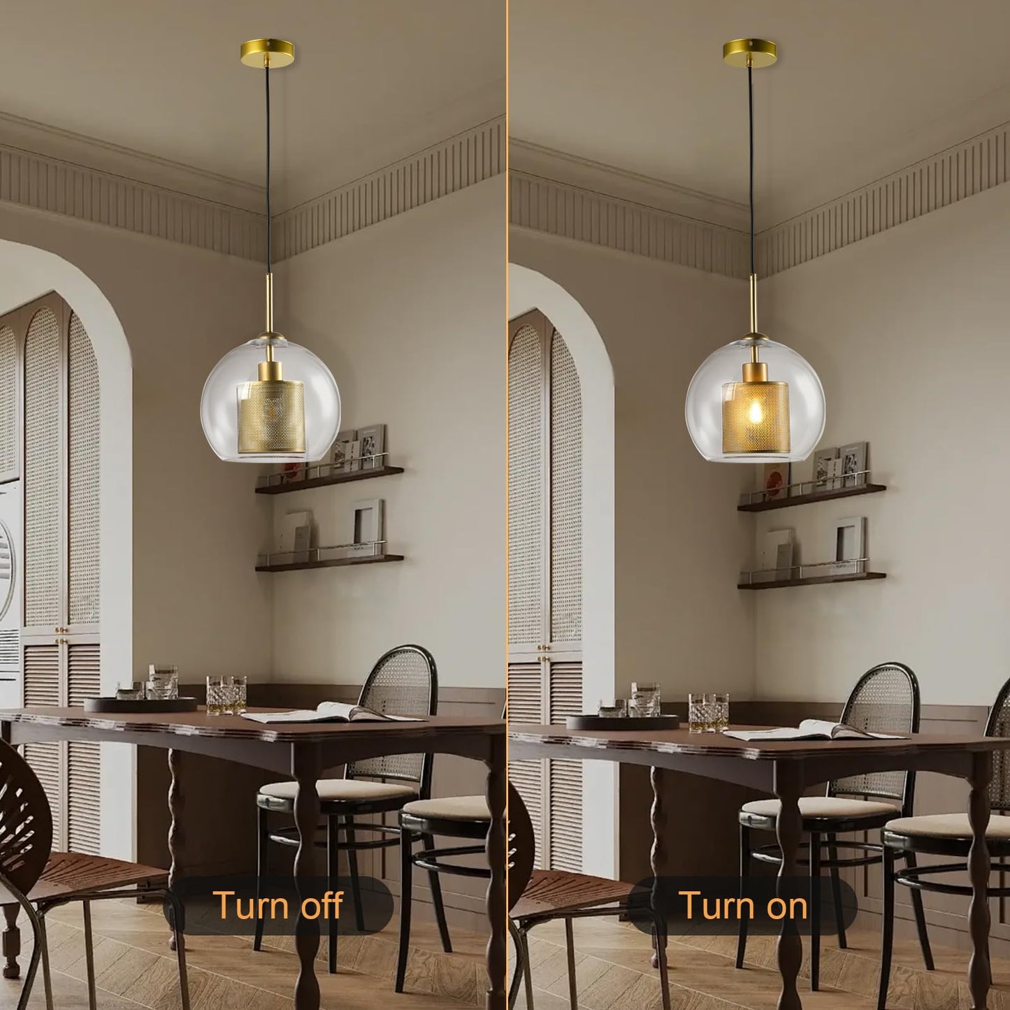 LQWELL® Globe Pendelleuchte E27 Hängeleuchte, Modern Mid Century Pendellampe Hängelampe Industrielle Kugelglas Lampenschirm für Küche Wohnzimmer Schlafzimmer Esszimmer, Metall Deckenlampe, Gold