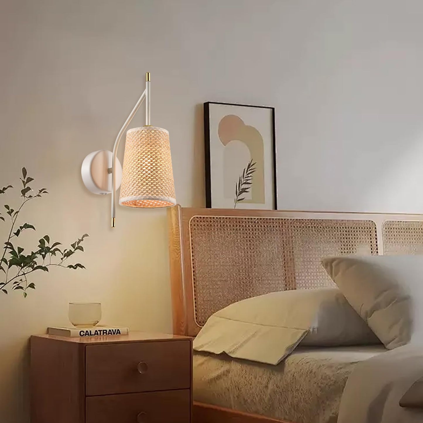LQWELL® Retro Vintage Wandleuchte E14, Wandlampe Innen mit Stoffschirm, Schwarz/Beige Imitatgold, Beleuchtung für Schlafzimmer Wohnzimmer Hotel, Keine Glühbirne