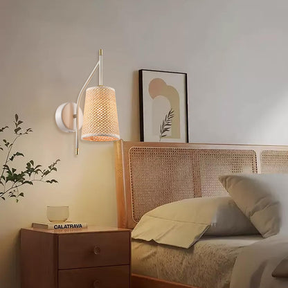 LQWELL® Retro Vintage Wandleuchte E14, Wandlampe Innen mit Stoffschirm, Schwarz/Beige Imitatgold, Beleuchtung für Schlafzimmer Wohnzimmer Hotel, Keine Glühbirne