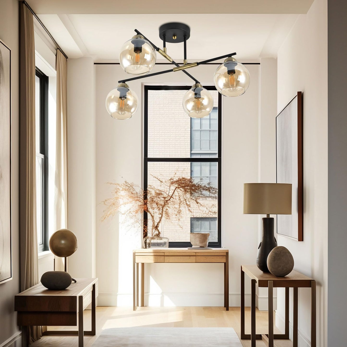 LQWELL® Chandelier Industrial Ceiling Light, Modern Globe Glass Lampshade Chandelier E14 Kitchen Lamp Bedroom Lamp for Living Room Bedroom Kitchen, 4-Light, No Bulb