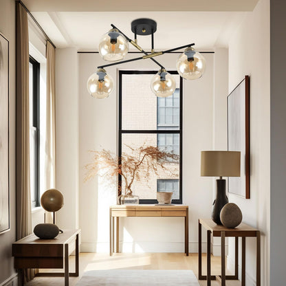 LQWELL® Chandelier Industrial Ceiling Light, Modern Globe Glass Lampshade Chandelier E14 Kitchen Lamp Bedroom Lamp for Living Room Bedroom Kitchen, 4-Light, No Bulb