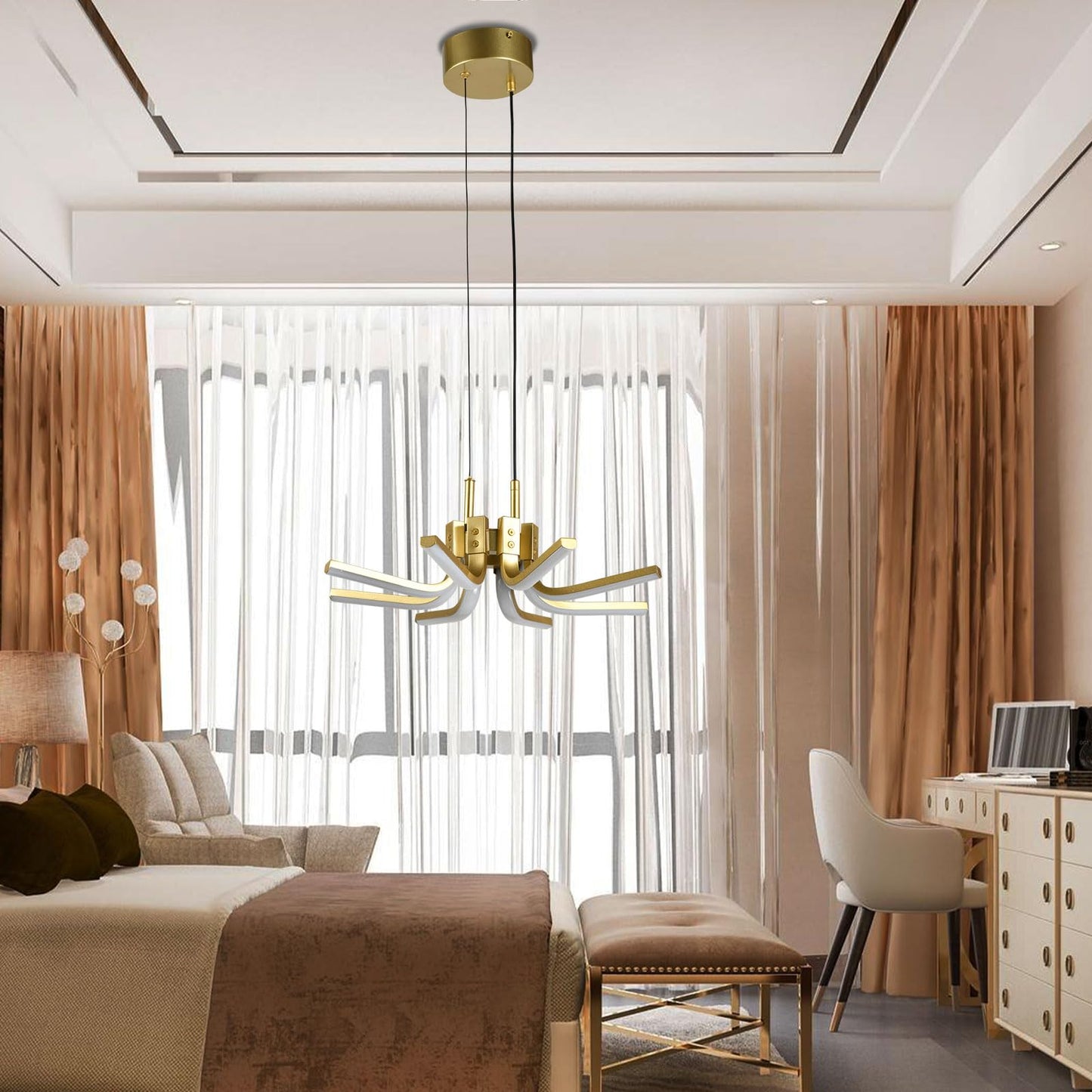 LQWELL® Chandelier LED 30W, Industrial Chandelier, Modern Pendant Light Hanging Lamp for Living Room Bedroom Dining Room Hallway Cafes Bar Studio, Metal Ceiling Lamp, Gold