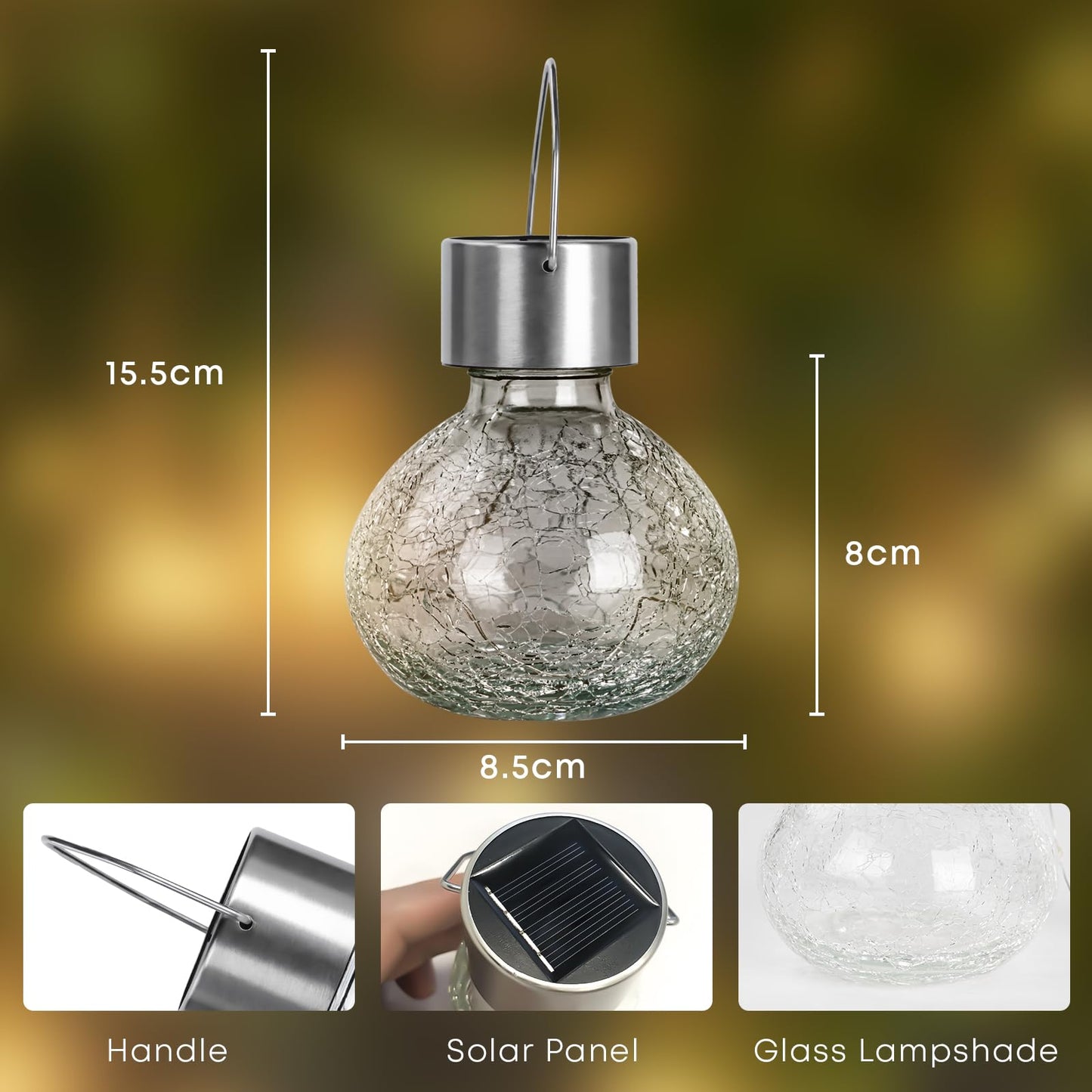 LQWELL® Solar Hanging Lights for Outdoors, 4 PCS Solar Outdoor Lights, Crackle Glass Ball Lantern Light, Waterproof, Warm White, Cracked, Hang or Stand for Party, Garden, Fence, Tree, Photo Decor