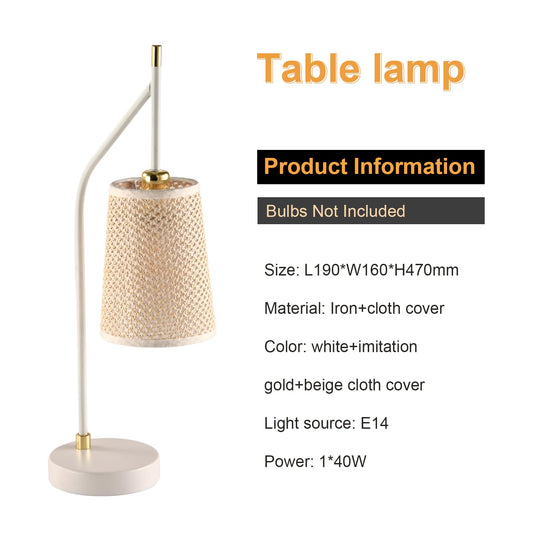 LQWELL® Retro Vintage Tischlampe E14, Nachttischlampe mit beigem Stoffbezug in Schwarz oder Weiß mit Imitatgold, Metall Schreibtischlampe für Schlafzimmer und Wohnzimmer, Keine Glühbirne